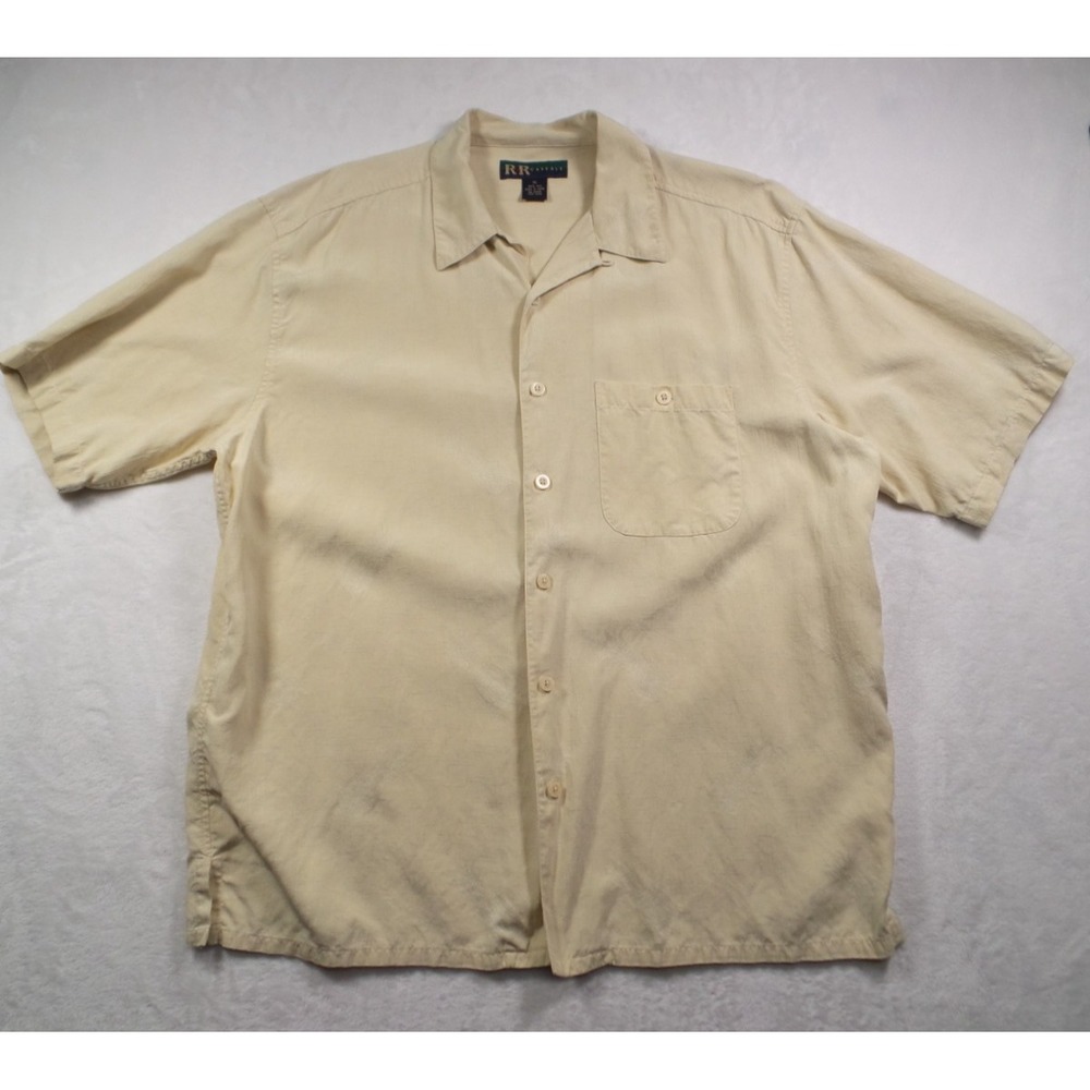 R&R Casuals Shirt Mens Size Extra Large Beige Button Up Short‎ Sleeve 100% Silk